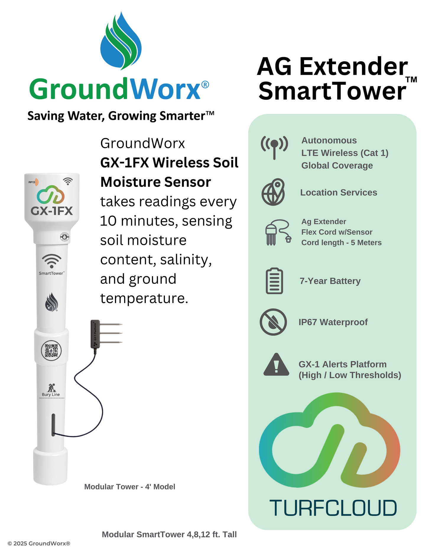 TurfCloud)  - (1 Sensor) 1 Year GX-1FX (SmartTower) (2-Year Warranty) (4' AG Extender)
