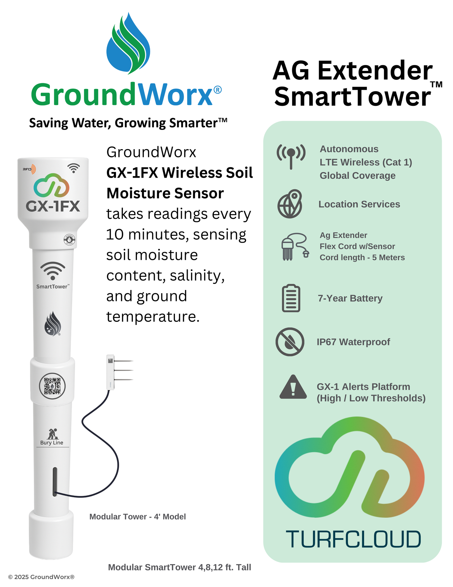 TurfCloud)  - (1 Sensor) 1 Year GX-1FX (SmartTower) (2-Year Warranty) (4' AG Extender)